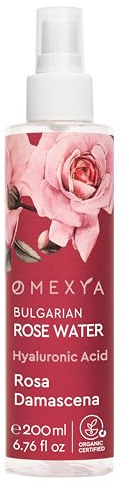 OMEXYA Rosenvattenspray 200 ml inkl Hyaluronsyra, Rosa Damascena Ansiktsvatten, Naturlig Toner, Alkoholfri, Utan Konserveringsmedel, Rosa, 200 ml (1-pack)