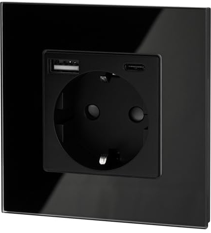 Prise encastrée en verre cristal, USB-A, USB-C, fonction de charge rapide 20 W, tout-en-un, série CY1 noire