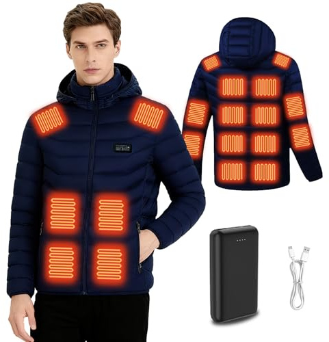 Ylightn Giacca Riscaldato con Cappuccio, Giacca Invernale Uomo Donna Calda con 3 Livelli di Temperatura, Alimentazione a Batteria, Piumino Riscaldato per Caccia (IT, Testo, L, Regular, Regular, Blue)