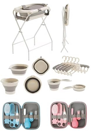 Baby Badewanne mit Gestell, Thermometer und Pflegezubehör, Aufsatz für Neugeborene, Tragbare Badewanne sowie 8-tlg Neugeborenen Pflegeset in Blau oder Rosa