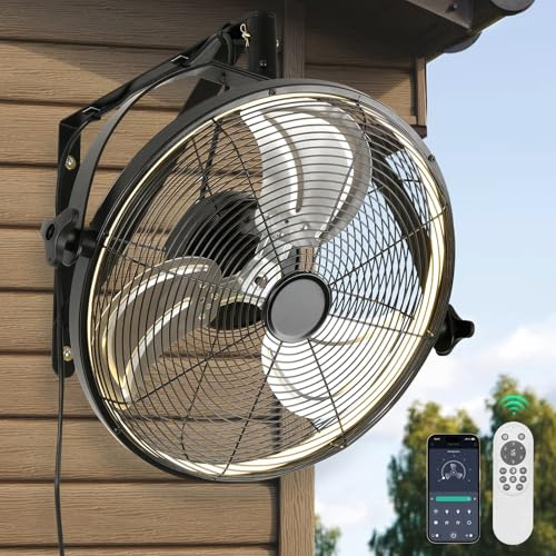 AHAWILL 16 Inch Wall Mount Fan with Lights,6-Speed High Velocity Wall Fan Dimmable Gazebo Fan,360°Adjustable Tilt Industrial Outdoor Fans for Patio,Garage,Workshop,Commercial,Black
