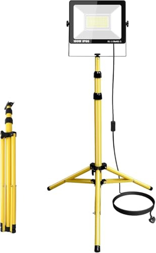 YOJZMA 10000LM 100W LED Work Light 2M Tripod 6000K Construction Flood Light | IP66 waterproof tripod & 5m cord, adjustable height for construction, garage, workshop outdoor energy-saving wide beam lamp