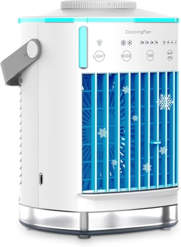 Enfriador de aire portátil, enfriador de aire 3 en 1, mini aire acondicionado con 4 velocidades de viento, 7 luces de color, tanque de agua de 700 ml y temporizador de 2 a 8 horas, ventilador de aire