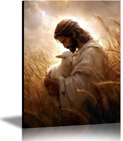 LXTOPN Religion Wandkunst Leinwand Malerei Mit Rahmen, Jesus Und Ziegen Home Decor Wandbilder, Nordic Poster Und Drucke Christentum Wandbild Für Wohnzimmer. (Erdgelb, 30x40cm)