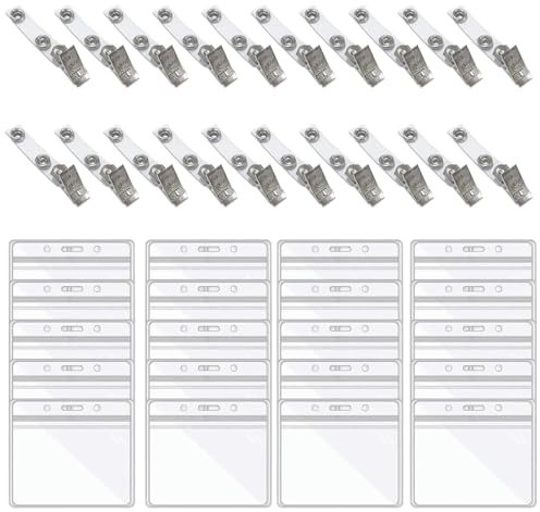 Lot de 20 Porte Badge Transparent Horizontal avec Clip Métal et Cordon, Pochette Badge Plastique Étanche avec Fermeture Éclair pour Carte d'Identité, Carte de Visite, Pass pour Bureau et Événements