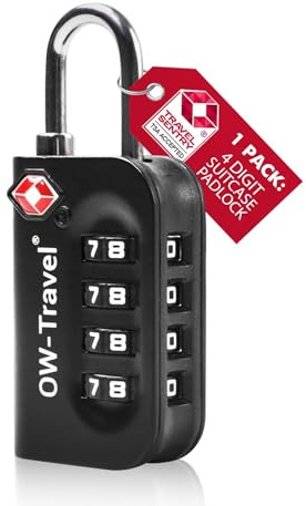 OW-Travel TSA-godkänd Kombinationslås (Svart 1-pack) 4-siffrig kod TSA Lås Godkänd Säkerhet Ryggsäck Hänglås Resväska, Lås, Kombinationslås resväska lås, Gymskåp, Hänglås
