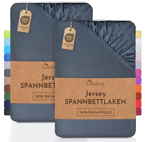 NatureMark 2er Pack Jersey Spannbettlaken, Spannbetttuch 100% Baumwolle in vielen Größen und Farben MARKENQUALITÄT ÖKOTEX Standard 100 | 200x220 cm +40 Steg - anthrazit grau