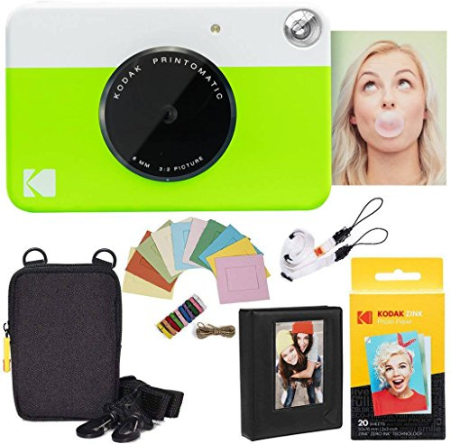Kodak Printomatic Sofortbildkamera (Grün) Paket + Zinkpapier (20 Blätter) Etui + Fotoalbum + Hängerahmen + Bequemer Halsriemen