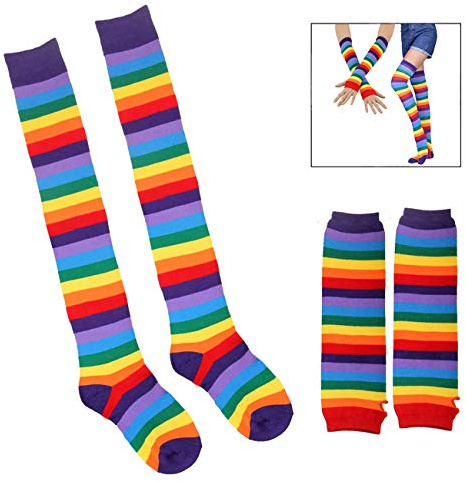 XLKJ Calcetines Hasta La Rodilla para Mujer Medias Largas A Rayas en Diseño Arco Iris, Medias de Rodilla Elástico Clásico para Brazos y Piernas, Calcetines y Guantes Retro para niñas y Mujeres
