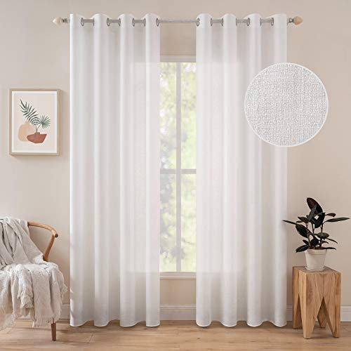 MIULEE 2er Set Voile Vorhang Sheer Leinenvorhang mit Ösen Transparente Unregelmäßige Textur Gardine Ösenschal Fensterschal 145 x 140cm (H x B) Reines Weiß