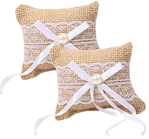luzen 2Pcs Wedding Ring Pillows Rustic Burlap Lace Bridal & Bridegroom Ring Dispaly Small Pillow Holder for Wedding Party