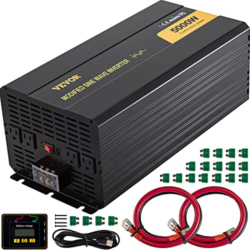 VEVOR Inversor de Corriente de Onda Sinusoidal Modificada 5000 W Convertidor de CC 12 V a CA 120 V para Automóvil con Pantalla LCD, Control Remoto, Indicador LED, Inversor para Camión, RV, Barco