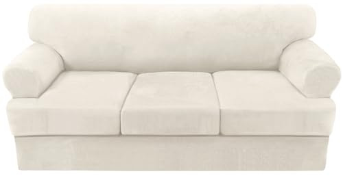 H.VERSAILTEX Sofa Cover 4 Piece T Cushion Sofa Slipcovers Couch Cover Furniture Protector Stretch T Cushion Sofa Covers for 3 Cushion Couch with 3 Individual T Cushion Covers, Ivory