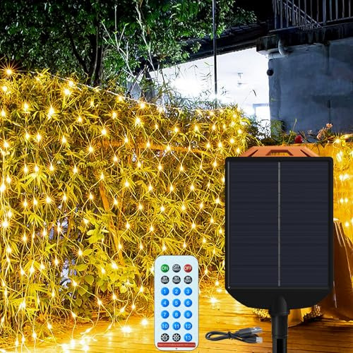 Aufun Red de luz LED solar 6x2M Temporizador 8 modos Control remoto Luces de hadas impermeables Cortina de luz de malla exterior para decoración de jardín Boda Navidad - Blanco cálido