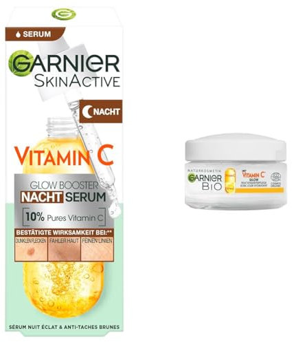 Garnier Nachtserum mit Vitamin C, Gegen dunkle Flecken und müde Haut & Tagespflege mit Vitamin C für einen strahlenden Teint