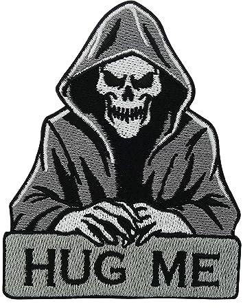 Finally Home Patch zum Aufbügeln - Hug Me Reaper | Totenkopf Patches, Biker Aufbügler, Motorrad Flicken, Lustige Skelett Aufnäher