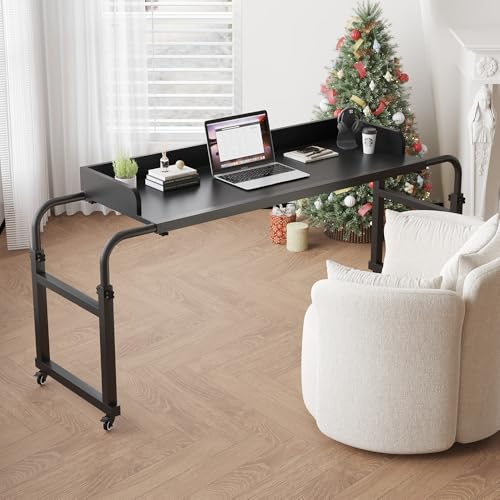 LINGMI Overbed Table with Wheels, Bed Desk Recliner Table Adjustable Height Laptop Table, Queen King Size Over The Bed Table with Wheels & Heavy Duty Metal Leg Laptop Desk for Recliner (Black)