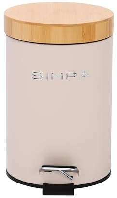 simpa 3L 3 Litre Matt Cream Slim Soft-Closing Pedal Dustbin with Bamboo Lid
