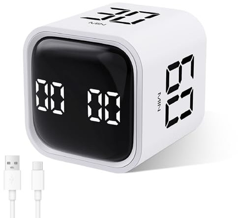 Cuteefun Pomodoro Timer, Drehbarer Cube Timer, 5/10/30/60 Minuten & Countdown, Digitale Eieruhr mit Vibration, Kurzzeitwecker mit Einstellbarem Ton für Kinder, Küche, Sport, Studium, Arbeit, Weiß