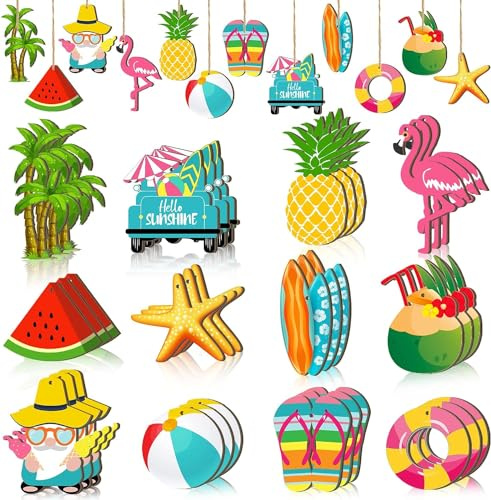 Holz Hängende Ornamente und Baumschmuck für Sommer Hawaii-Tropenpartys - 36pcs Strand Deko mit Seil