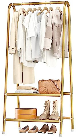 JOISCOPE Sturdy Metal Garment Rack with Double Shelves, Freestanding Portable Metal Clothes Rack for Hanging Clothes, 24.40 L x 13.80 W x 62.00 H Space Saving - Gold