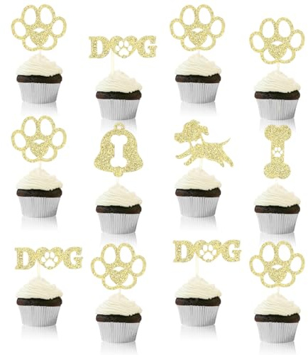12st Cupcake Topper mit Hundepfoten, Glitzer Cupcake Dekorationen Buchstaben Welpenknochen Mini Pfote Cupcake Picker für Babyparty Geburtstag Jungen Mädchen Kuchen Dessertzubehör