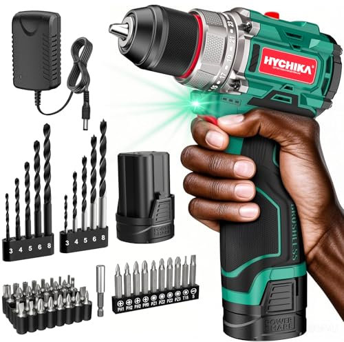 HYCHIKA Drill Set, Brushless Electric Drill Set, 16.8V Cordless Compact Drill for Women, Men, 410 IN-LB, LED Light, 2 Variable Speed 23+1 3/8 Keyless Chuck