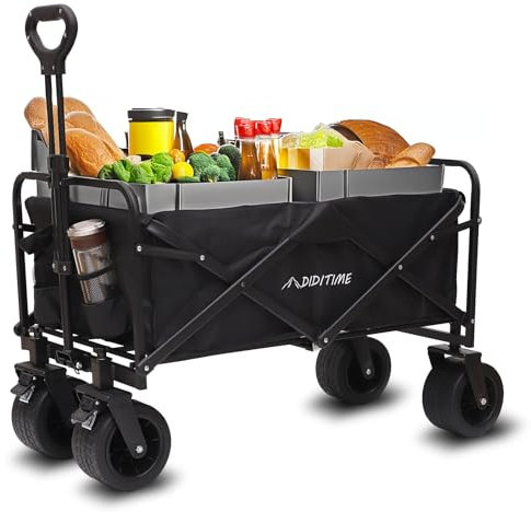 Bollerwagen Faltbar Strand Handwagen Verstellbarem D-Griff, Gartenwagen für Alle Gelände|Draussen Camping Einkaufen Handwagen Stummschalten Räder mit Bremsen, Klappbar Strandwagen (Schwarz, XXL)