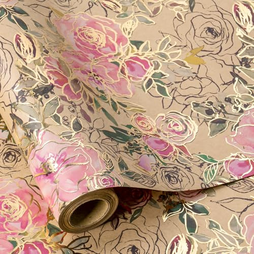 RUSPEPA Rouleau de papier cadeau kraft - Mini rouleau - Motif fleur rose en feuille d'or Idéal pour les anniversaires, les vacances, les fêtes et plus encore - 43,2 cm x 5 m