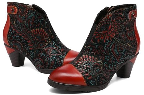 CrazycatZ Damen Stiefeletten mit Absatz Leder stiefeletten Bunte Stiefele Ankle Boots Colorful Boots (Red B, Erwachsene, Damen, 38, Numerisch, EU Schuhgrößensystem, M)