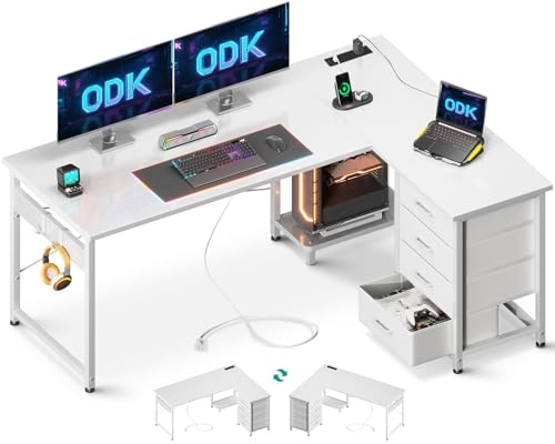 ODK Corner Desk with Drawers, L Shaped Computer Desk, 135 x 100 cm, White