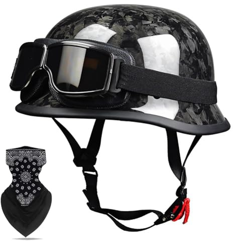 Labzaa Deutsche Kohlefaser Motorrad Halbschalenhelm DOT/ECE-Zulassung Retro JetHelm mit Sonnenbrille für Cruiser Chopper Biker Moped Schnellverschlussschnallen C L