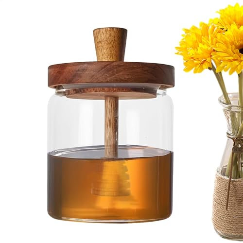Barattoli per miele con mestolo, barattolo per miele con coperchio in legno, 500 ml, in vetro, per conservare miele e sciroppo