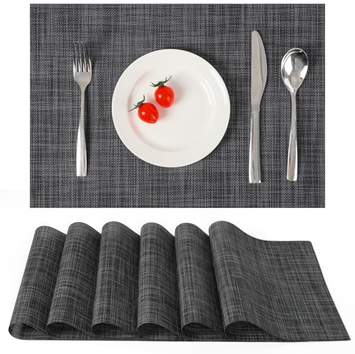 Myir JUN Tischsets abwaschbar Tischsets Platzsets abwaschbar Platzdeckchen | Gewebte Platzset 6er Set rutschfest hitzebeständig Vinyl für Küche Speisetisch Hotel Platz-Matten 30x43.5cm(Dark Grau)