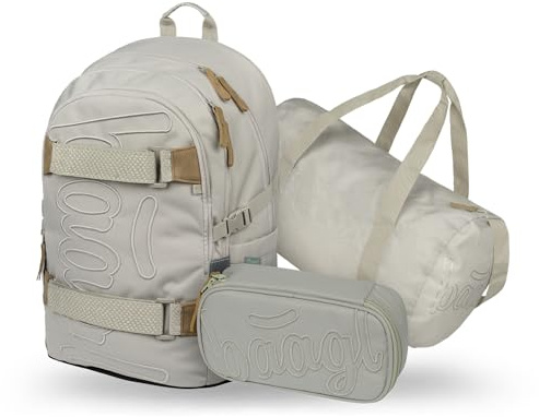 Baagl Schulrucksack Set Jungen Mädchen 3 Teilig Schultasche 25 l - Mist | Ergonomischer Schulranzen und Grundschule Ranzen ab 3. Klasse mit Brustgurt bietet eine Sporttasche sowie ein Mäppchen.
