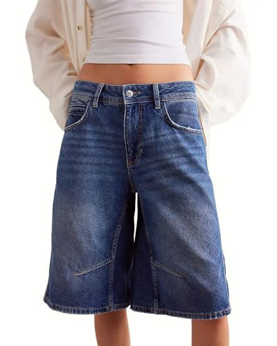 Cusghjbsg Women's Knee Length Loose Denim Shorts Summer Casual Heart Pattern High Waist Baggy Bermuda Wide Leg Jean Shorts with Pockets (Blue F, M)