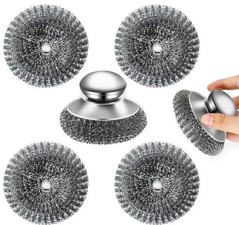 Metal Scourer Set – Stainless Steel Scourers with Handle, Heavy-Duty Scrubbers for Tough Cleaning, 5-Pack Durable Wire Wool, Comfortable Grip, Multipurpose Scourer for Kitchen, Grill, and Outdoor Use