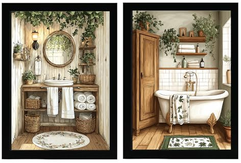 Nacnic Set de 2 Cuadros de Baño Rústicos con Ilustración Impresa en Estilo Vintage Pintura al Óleo para Decorar, Arte de Pared para Casa de Campo Inodoro, Ducha, Baño, WC A4 Marco Blanco