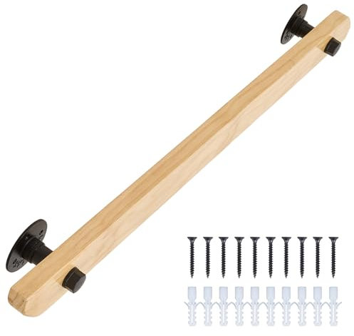 INMOZATA Wooden Handrail, 1pcs×100cm Handrails for Stairs, Wall Mount Elderly & Children's Railings, Against The Wall Safety Grab Bar Kit,Handrails for Stairs with Wrought Iron Brackets(Natural Wood)