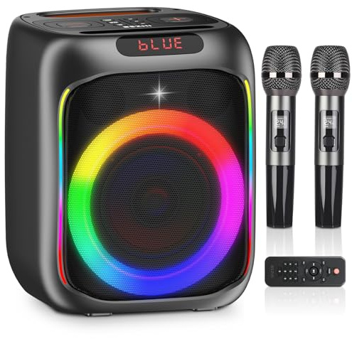Macchina per karaoke con 2 microfoni wireless, altoparlante Bluetooth portatile da 80 W, altoparlante per feste con luci LED, accoppiamento TWS, supporto per ingresso microfono, USB, AUX, scheda TF