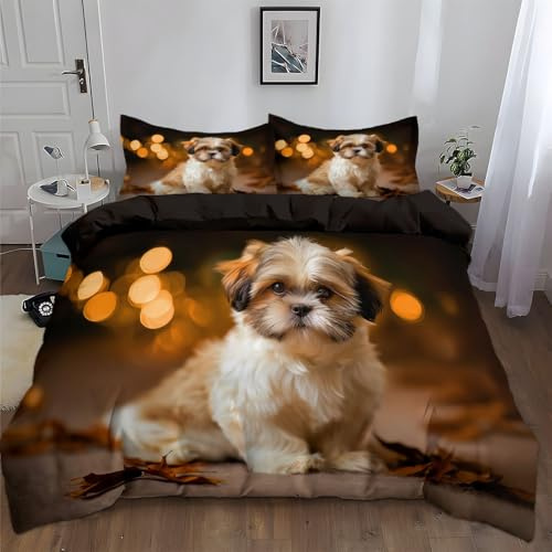 Srigzcaly Housse de Couette Shih Tzu à Poil Court Photo HD 200 x 200 cm avec 2 Taies d'oreiller 65x65 cm, Parure de Lit Réversible Noir, Microfibre Linge de Lit 2 Personnes 3 Pièces