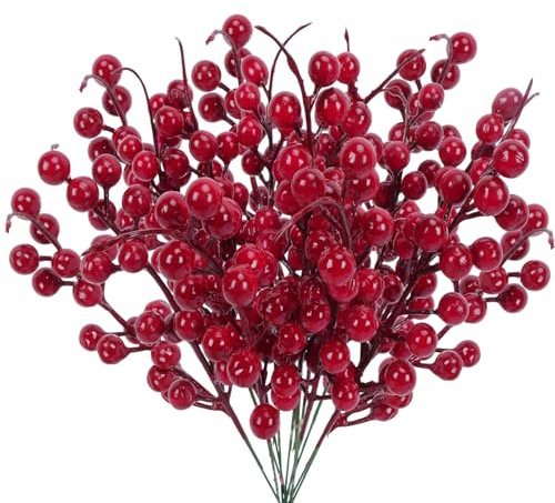 Fairblo 12 Stück Künstliche Rote Beeren Dekoration Künstlicher Beerenzweig 27cm Holly Beeren Zweige für Weihnachten Hochzeit Feiertage Kranz Winter Dekoration