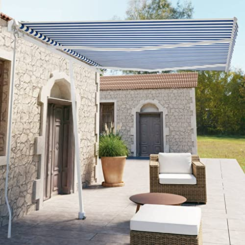 Manual Retractable Stand Awning for Patio, 350 x 250 cm, Blue/White, UV and Water Resistant, Freestanding, Robust Sun Protection