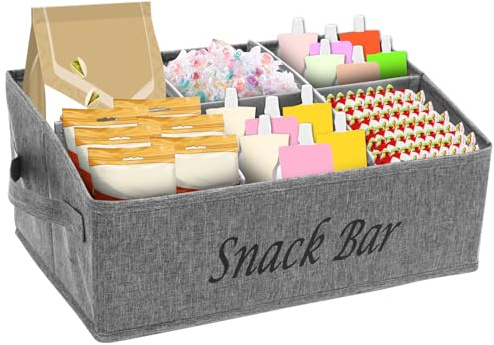 Bpyhebe Snack Storage Bag, 6 Compartment Food Containers with Handles, 40x25x18cm Trapezoid Candy Bar Box, Chips Holder for Pantry Organiser and Storage (Grey)