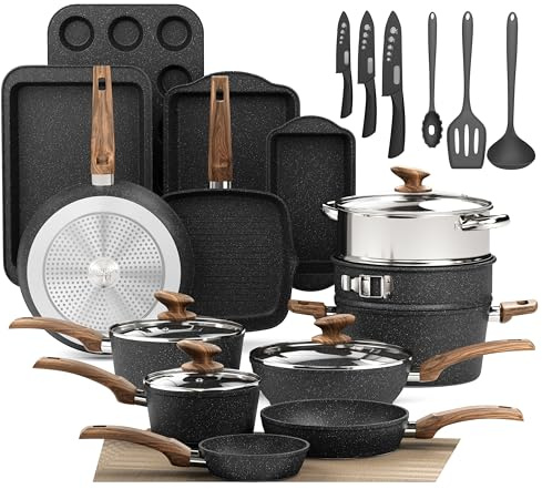 DishDelight Induktions-Kochgeschirr-Set mit Grillplatte 30-teiliges Induktions Töpfe Set Topf und Pfannenset mit Deckel Granit Antihaftbeshichtung Topfset Kochtopf