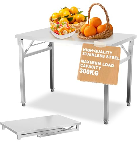 UISEBRT fällbord i rostfritt stål med 300 kg lastkapacitet och justerbara fötter, hopfällbart arbetsbord serveringsbord köksbord för gastronomi kök bar restaurang, 120 x 60 x 85 cm