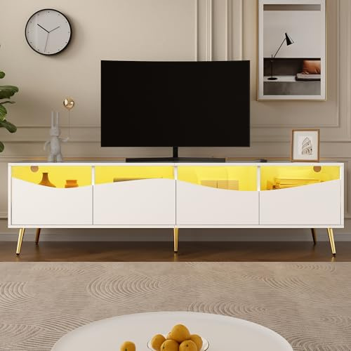 Meuble TV Moderne 180 x 40 x 50 cm avec Éclairage LED, TV Meuble téléviseur Pieds Dorés et Porte en Verre, Meuble Téléviseur Design avec Rangement pour Salon