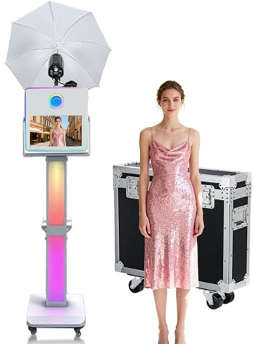 Tragbare Fotokabinen-Maschine Selfie 15,6 Zoll Touchscreen Photobooth mit RGB-Licht für Hochzeit Events Party mit Flugkoffer (weiße Maschine mit Soft-Light Regenschirm, Photo Booth Machine)