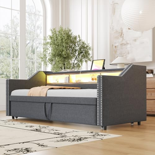 Arhatreya Bäddsoffa 90/180 x 190 cm, bäddsoffa med utdragbar säng, stoppad säng med lameller och dagsäng med två madrasser för gästrum, lägenhet, linne, mörkgrå