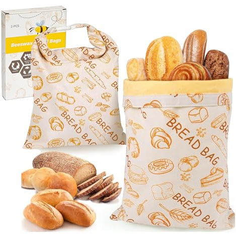 2 Pack Extra Large Beeswax Bread Bags – Reusable Cotton Linen Bread Storage Bags with Natural Beeswax Lining for Sourdough & Artisan Loaves (Yellow bag)